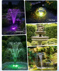 Cool RGB Pond Fountain With LED Lights 660GPH Submersible Pump in various garden pond settings at night with color-changing lights.