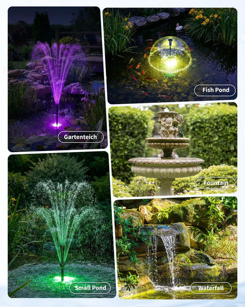 Cool RGB Pond Fountain With LED Lights 660GPH Submersible Pump in various garden pond settings at night with color-changing lights.