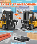 2 In 1 RC Forklift Toy With Transforming Lift And Hook Crane 11 Channel Remote Control Vehicle shown with interchangeable tools