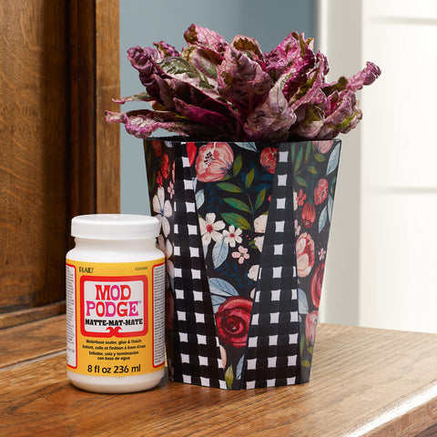Matte Sealer Glue And Finish One Stop Craft Solution For Wood Paper Fabric And More Quick Dry Easy Clean Non Toxic 8 oz bottle next to decorated flower pot