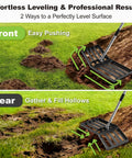 Angled Design Lawn Leveling Rake with 30x10 in stainless steel head and adjustable handle leveling grass and soil in garden.