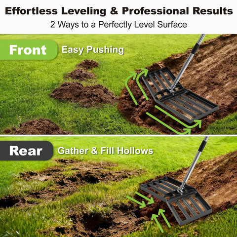Angled Design Lawn Leveling Rake with 30x10 in stainless steel head and adjustable handle leveling grass and soil in garden.