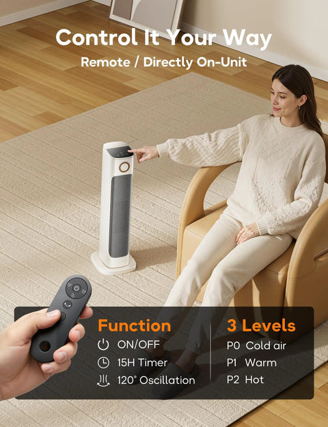 Infrared Patio Heater And Fan Tower For Indoor Use With Remote 1500W Portable Space Heater Three Heat Levels 120 Degree Oscillation 15H Timer Toasty Warmth Quiet Operation Cool Fan And Low High Heat Ideal For Office Living Room Backyard in use in living room with remote displayed