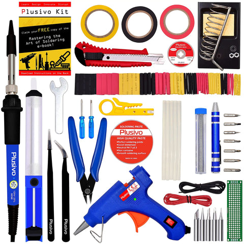 Complete Handy All In One Soldering Kit with 60W Adjustable Iron, Glue Gun, Five Tips, Desoldering Pump, US Plug for Repairs