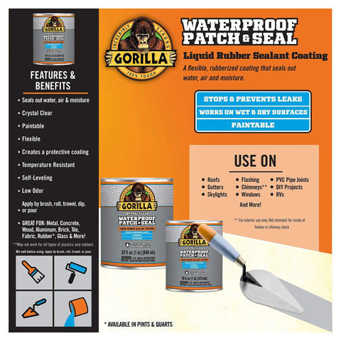 Crystal Clear Liquid Rubber Waterproof Sealant 32 Ounce Patch And Seal Coating with trowel and application guide visible