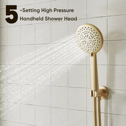 Brushed gold handheld shower head system with 10-inch head and hose, installed on tiled wall