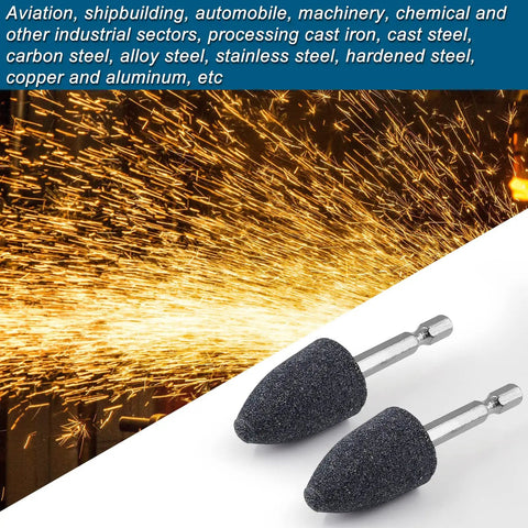 Five Piece Stone Grinding Bits Set For Rotary Tools With One Quarter Inch Hex Shank Cone Shaped Grinding Wheels and sparks background