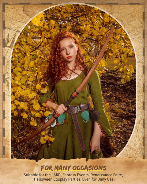 Image of a model showcasing the Rad Renaissance Belt Kit with medieval waist strap, leather pouch, and bow outdoors.