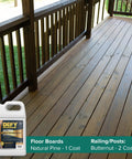Badass Semi Transparent Outdoor Wood Stain And Sealer Combo Natural Pine Color One Gallon Bucket on deck with natural pine boards.
