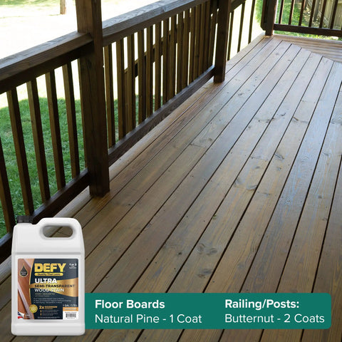 Badass Semi Transparent Outdoor Wood Stain And Sealer Combo Natural Pine Color One Gallon Bucket on deck with natural pine boards.