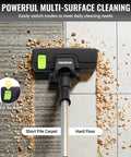 No Nonsense Commercial Grade Backpack Vacuum With Ergonomic Harness And Kickass 1200 Watt Motor For Easy Cleanups On Carpets Or Hard Floors, shown in action on carpet and hard floor.