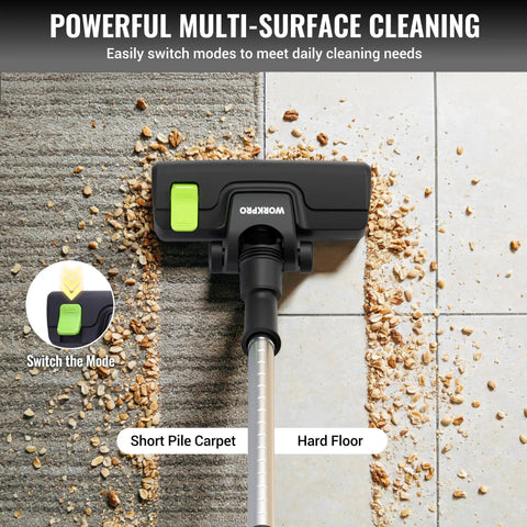 No Nonsense Commercial Grade Backpack Vacuum With Ergonomic Harness And Kickass 1200 Watt Motor For Easy Cleanups On Carpets Or Hard Floors, shown in action on carpet and hard floor.
