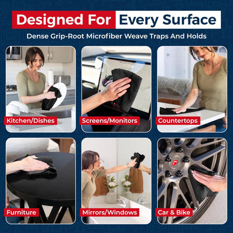 Ultra Absorbent Microfiber Cleaning Cloth 12.5x12.5 Inches, 300 GSM used on various surfaces like rims and monitors