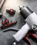 Three Piece Impact Universal Joint Socket Adapter Set For Quarter, Eighth And Half Inch Drives With 30 Degree Swivel Angles Chromoly Impact Rated Durable Mechanics Tool Built To Reach Tight Spots, red rail