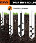 Four auger drill bits of different sizes for planting, displayed with dimensions. Use with 3/8" hex drills. Auger Drill Bits For Planting Set Of 4 Spiral Garden Bulb Planter Tools For Hex Drive Drills Deep Soil Digging And Post Hole Digger Quick Bulb Planting For Bulbs And Bedding Plants.