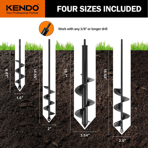 Four auger drill bits of different sizes for planting, displayed with dimensions. Use with 3/8" hex drills. Auger Drill Bits For Planting Set Of 4 Spiral Garden Bulb Planter Tools For Hex Drive Drills Deep Soil Digging And Post Hole Digger Quick Bulb Planting For Bulbs And Bedding Plants.