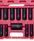 Heavy Duty 14 Piece Deep Impact Socket Set, 1/2 Inch Drive, Metric Sizes 10mm To 32mm, organized in red case