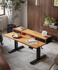 Rustic Brown Electric Standing Desk 48x24 Inches For Short People Adjustable Height 18.1 To 28.3 Inches With Storage Shelf And Fabric Drawers Perfect Low Rise Home Office Table Splice Board Design in a cozy living room setting.