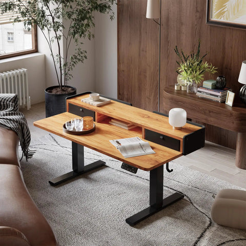 Rustic Brown Electric Standing Desk 48x24 Inches For Short People Adjustable Height 18.1 To 28.3 Inches With Storage Shelf And Fabric Drawers Perfect Low Rise Home Office Table Splice Board Design in a cozy living room setting.