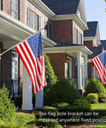 Heavy Duty Aluminum Flag Pole Bracket Fits One Inch Poles Rust Proof Porch Stand With Stainless Steel Hardware Wind Resistant Outdoor Flag Mount For Front Yard, showcasing flags mounted on porches.