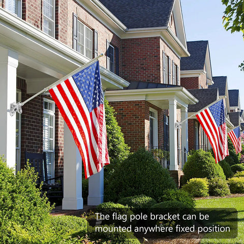Heavy Duty Aluminum Flag Pole Bracket Fits One Inch Poles Rust Proof Porch Stand With Stainless Steel Hardware Wind Resistant Outdoor Flag Mount For Front Yard, showcasing flags mounted on porches.