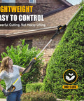 Woman using 20 Inch Cordless Pole Hedge Trimmer Tool Only Battery Not Included Lightweight Telescoping Pole With 14.5 Ft Reach Dual Action Blade to trim tall bushes.