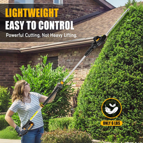 Woman using 20 Inch Cordless Pole Hedge Trimmer Tool Only Battery Not Included Lightweight Telescoping Pole With 14.5 Ft Reach Dual Action Blade to trim tall bushes.