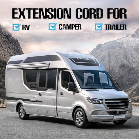 RV parked in mountains, highlighting use of 36 Foot 50 Amp RV Extension Cord With 14 50P Plug And 14 50R Receptacle, Outdoor STW Cable.