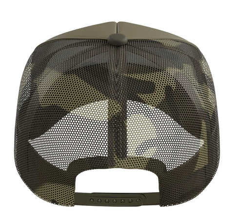 Back view of Forklift Operator Warehouse Statement Trucker Hat with adjustable mesh back in camo green for durable fit.