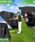 Heavy Duty Golf Cart Cover That’s Tough As Nails Fits 2 4 Or 4 Plus 2 Passenger Carts All Weather Waterproof Windproof With 3 Zipper Doors And Adjustable Wind Straps 420D Oxford Material For Yamaha EZGO Club Car Black showing passenger, driver, and rear access with golf bags inside.