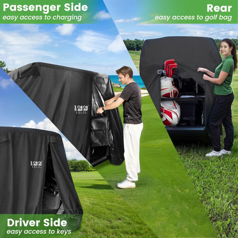Heavy Duty Golf Cart Cover That’s Tough As Nails Fits 2 4 Or 4 Plus 2 Passenger Carts All Weather Waterproof Windproof With 3 Zipper Doors And Adjustable Wind Straps 420D Oxford Material For Yamaha EZGO Club Car Black showing passenger, driver, and rear access with golf bags inside.
