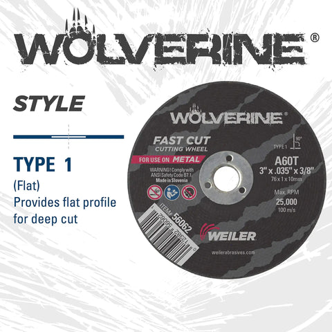 Three Inch Wolverine AO Steel Metal Fast Cut Wheel With Aggressive Performance, Dual Reinforcement, Open Arbor, 0.035 Inch A60T Type 1