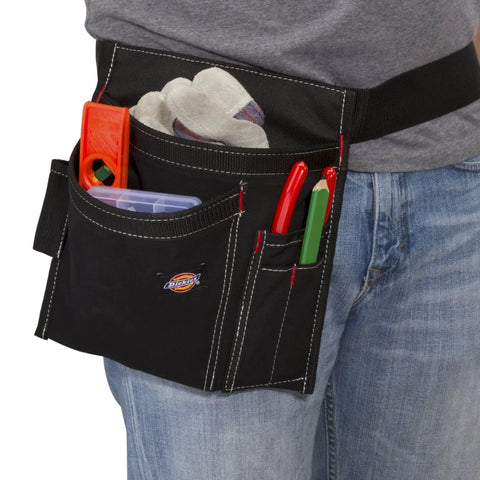 Five Pocket Single Side Tool Belt Pouch And Work Apron With Durable Canvas Construction Adjustable Belt For Custom Fit Black Hands Free Tool Carry And Quick Access On The Job Site shown on person