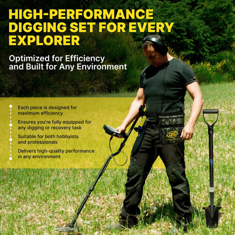 Person using Carbon Steel Metal Detecting Shovel Set With Spade And Hand Digging Tool Pouch Bag Lightweight Durable Treasure Hunting Gear For Detecting Gold Relics And Hidden Treasure