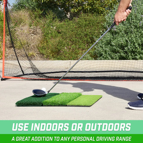 Tri Turf XL Golf Hitting Mat 24x24 Inches For Indoor And Outdoor Practice in backyard with golf club on mat