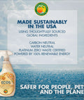 Eco-friendly furniture polish with citrus oils, made sustainably in USA, shown with ocean backdrop and environmental claims.