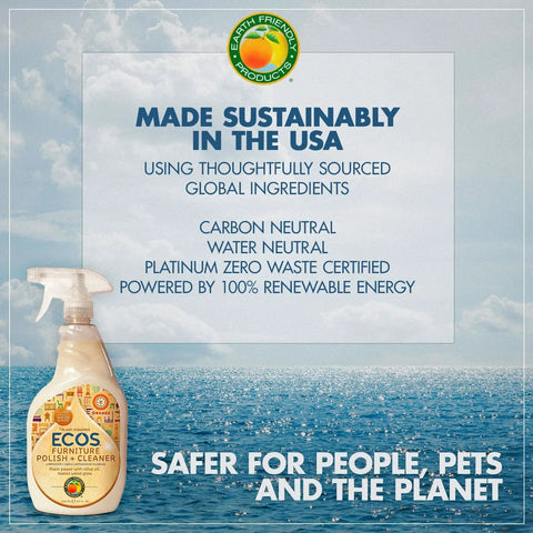Eco-friendly furniture polish with citrus oils, made sustainably in USA, shown with ocean backdrop and environmental claims.