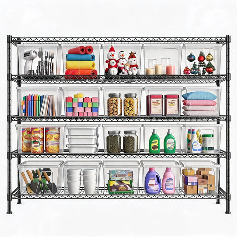 Beefy Five Tier Heavy Duty Adjustable Wire Shelving Rack With Three Thousand Two Hundred Lbs Max Capacity For Garage Organization Kitchen Pantry And Stacking Storage Built Tight To Handle Your Heaviest Gear Measures Fifty Nine By Eighteen By Seventy One with various containers and items stored.