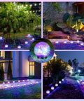 Lit Multicolor Solar Globe Lights 4 Pack in garden and patio settings, displaying cracked glass balls and colorful ambiance at night.