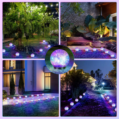 Lit Multicolor Solar Globe Lights 4 Pack in garden and patio settings, displaying cracked glass balls and colorful ambiance at night.