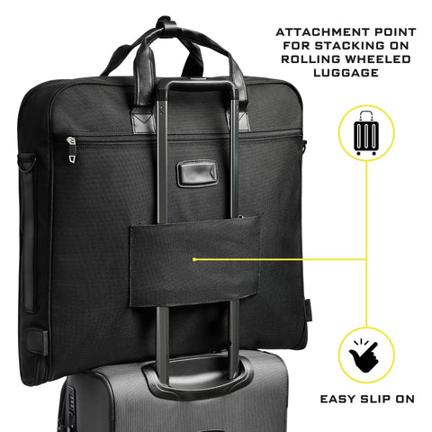 Business travel garment bag with rolling luggage attachment for easy transport.