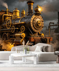 Custom Size Wall Murals Vintage Steam Locomotive Industrial Oil Painting Retro Train Engine Factory Scene Self Adhesive Removable