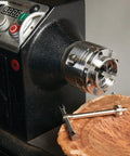 G3 Lite Wood Lathe Chuck With JS50N Jaw Lightweight Insert Version attached to lathe, tools and wood piece shown
