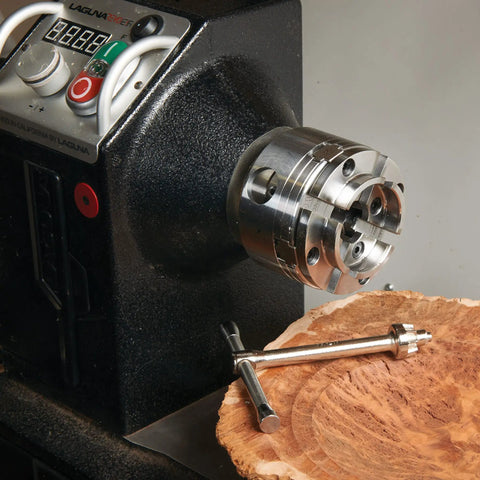 G3 Lite Wood Lathe Chuck With JS50N Jaw Lightweight Insert Version attached to lathe, tools and wood piece shown