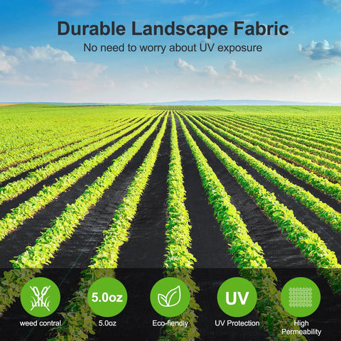 Heavy Duty 5oz Weed Barrier Landscape Fabric Pro Grade Dual Layer Ground Cover in use for garden weed control.