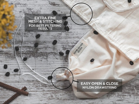 2 Pack Large 12x12 Organic Cotton Cold Brew Coffee Bag Reusable Filter With Easy Open Drawstring For Pitchers Mason Jars And Toddy Systems Designed In California shown on wooden surface with coffee beans
