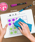 Hands erasing dry erase ten frame area model board for kids 9 by 12 inch double sided whiteboard for math practice on table