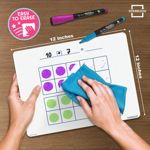 Hands erasing dry erase ten frame area model board for kids 9 by 12 inch double sided whiteboard for math practice on table