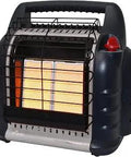 Big Buddy Indoor Safe Portable Propane Heater For RVs And Cabins, 4K 9K 18K BTU Modes, black front view with safety grill.