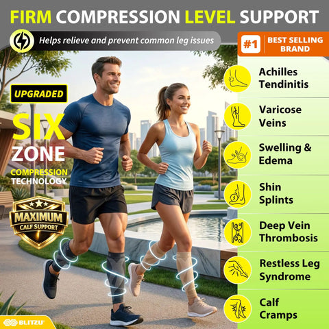 Two people jogging wearing Calf Compression Sleeves for Men and Women Footless Support for Varicose Veins Nursing Running Leg Sleeve for Shin Splints Pain Relief and Swelling Reduction Black Size L XL